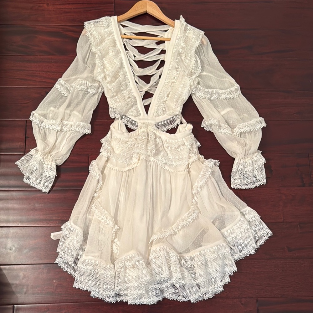 Zimmermann Cream Ruffled Tiered Long Sleeve Dress